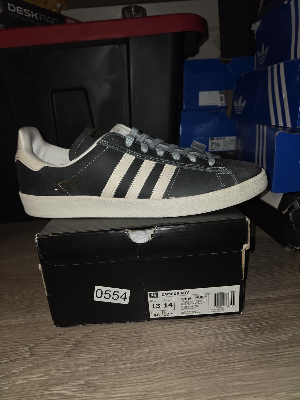 adidas Campus ADV Leather Sneaker — Charcoal with Off-White Stripes